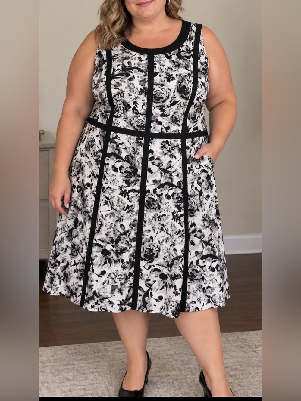 Talbots Black and White Floral Fit-and-Flare Dress